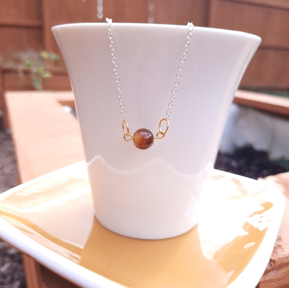 Coffee Agate Stone Simple Two Tone Necklace